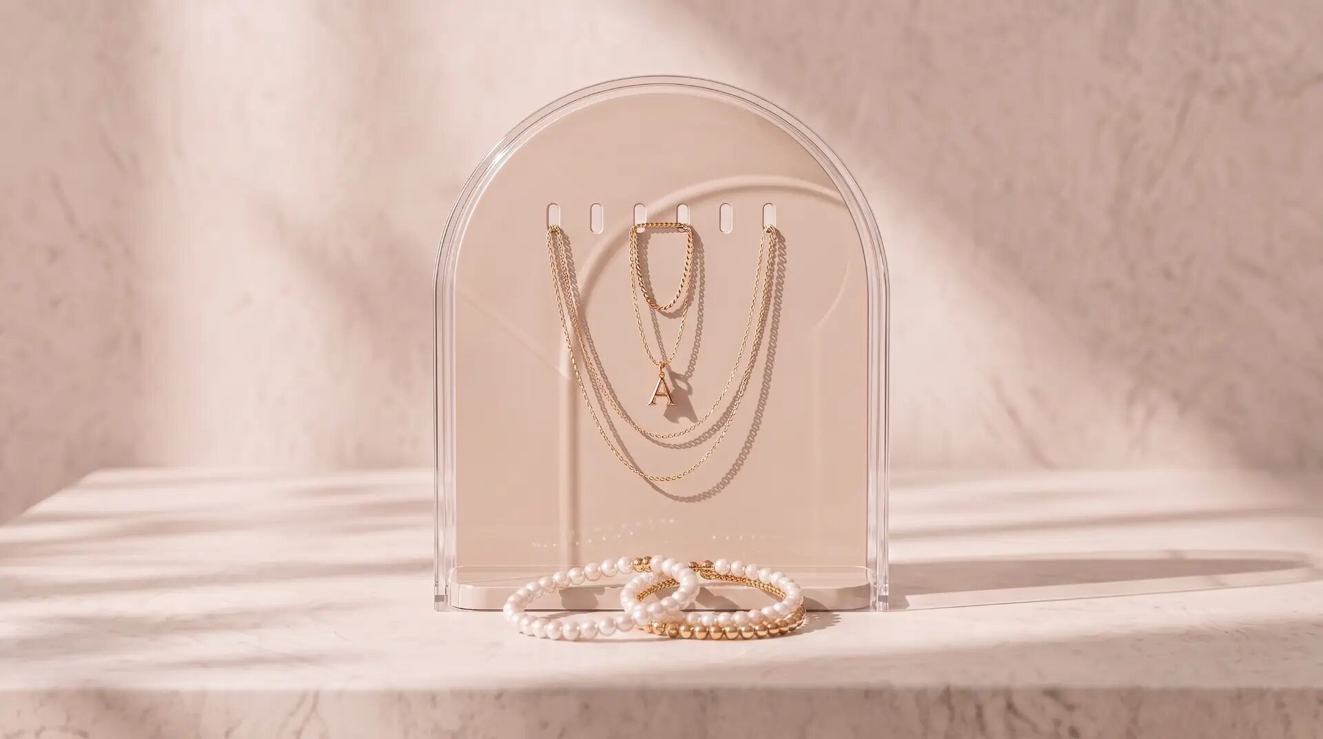 Arc, a clear acrylic arch holding gold necklaces above pearl bracelets