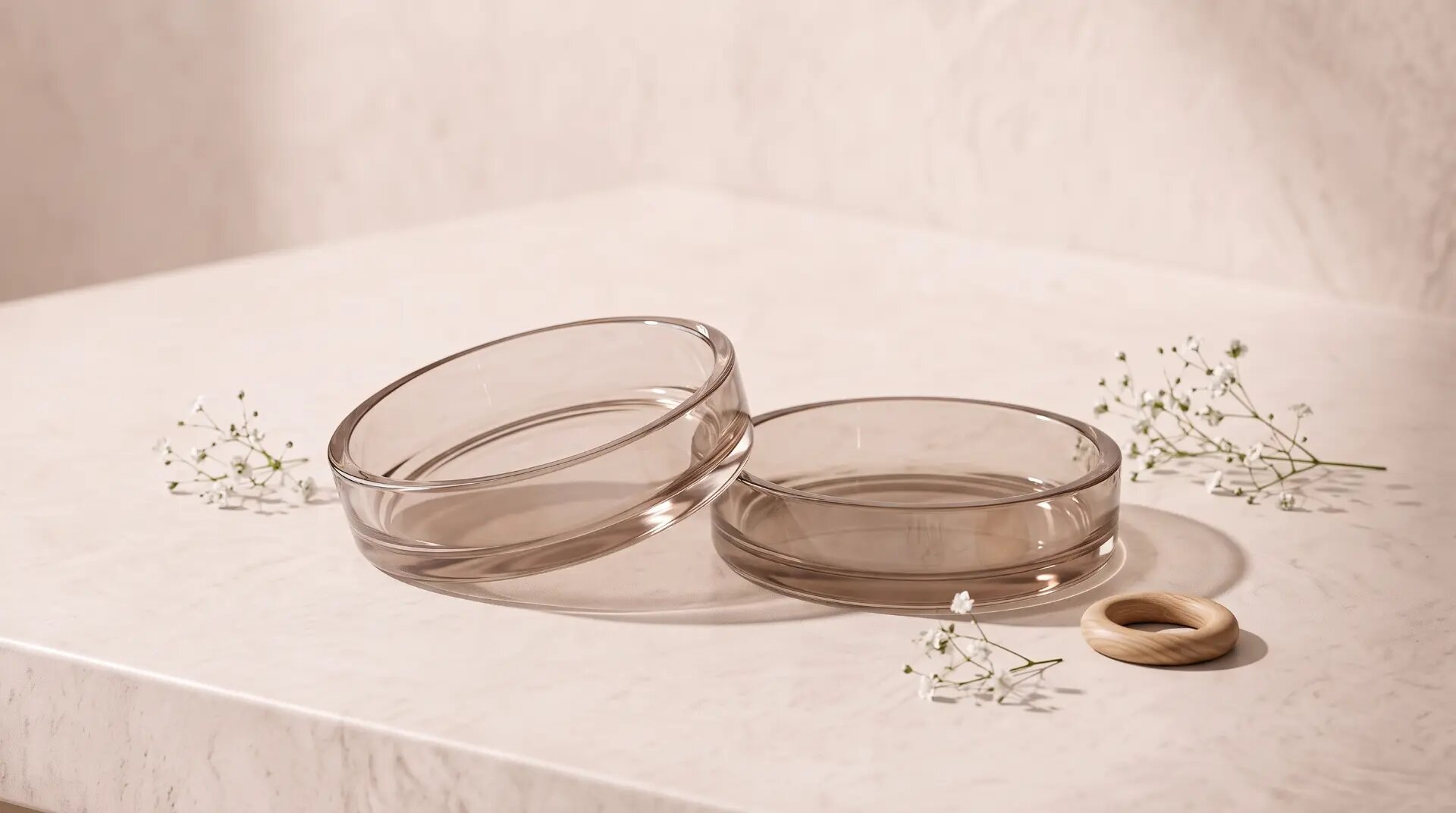 Petal, two smoked clear round dishes on pale stone