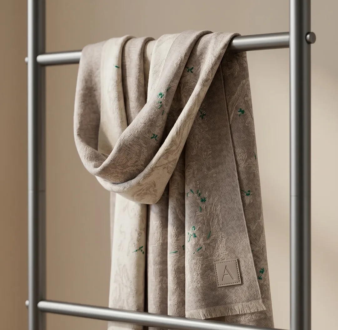 Close detail of a stone-toned embroidered scarf draped over the rack