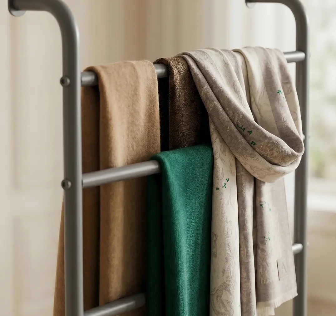 Several scarves in camel, green and ivory layered across the Drape rack